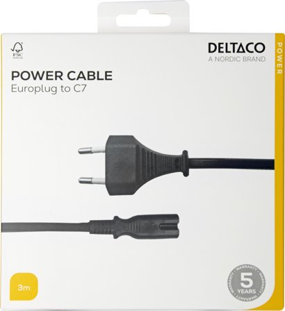 Deltaco Power cord CEE 7/16 - C7, 3,0m, black
