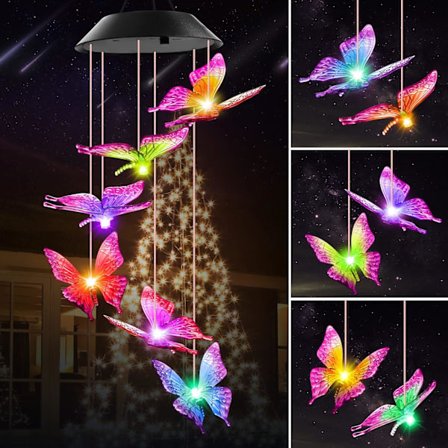 Fødselsdagsgaver til kvinder, mor, bedstemor, sommerfugl solcelle vindspil til udendørs brug, solcellelamper, udendørs dekoration, hængende mobil, 