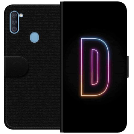 Kompatibel Tegnebogsetui til Samsung Samsung Galaxy A11 Minimalistisk neonbogstav D i farveskiftende lys mod sort baggrund i moderne digital design