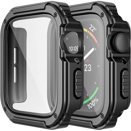 2 kpl kestävää koteloa, jotka sopivat Apple Watch 44mm Series SE/6/5/4:lle, jossa on karkaistu lasinen näytönsuoja, sotilaallinen ympäri kova TPU-
