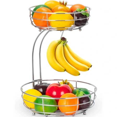 Fruit Bowl, 2-Tier Fruit Basket with Banana Hanger, Kitchen Metal Bowls Perfect for Storing Fruit, Vegetables, Snacks, Cupcakes Silver