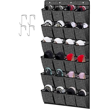Hængende Skoopbevaring Bag Dør - 24 Lommer Hylde, Organizer, Sort Linnedstof