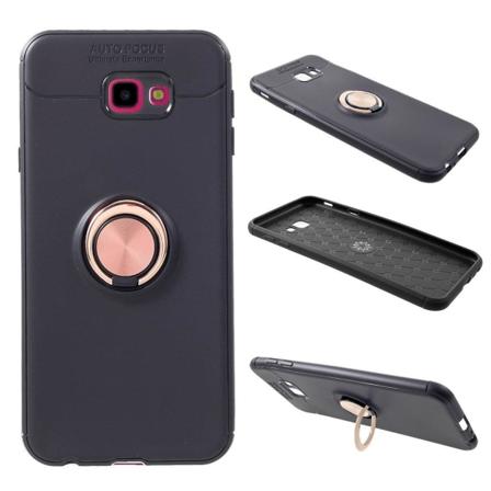 Samsung Galaxy J4 Plus (2018) silikooni muovinen suojakuori magneetilla ja sormirenkaalla - Musta/ Ruusu Kulta Pink