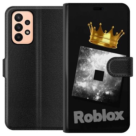 Kompatibel Tegnebogsetui til Samsung Samsung Galaxy A23 Minimalistisk sort og sølvfarvet Roblox-symbol med gylden krone og luksuriøs gamer-æstetik