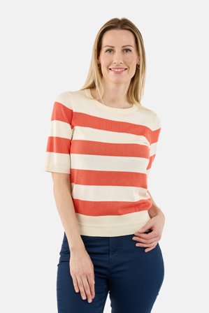 JENSEN - Kortærmet Strik - Orange / Råhvid - Stribet