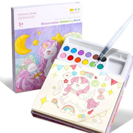 Fargebok med vannfarger for barn 3–8 år | Malebok med vannfarger og pensel | Kreativt håndverkssett for gutter og jenter