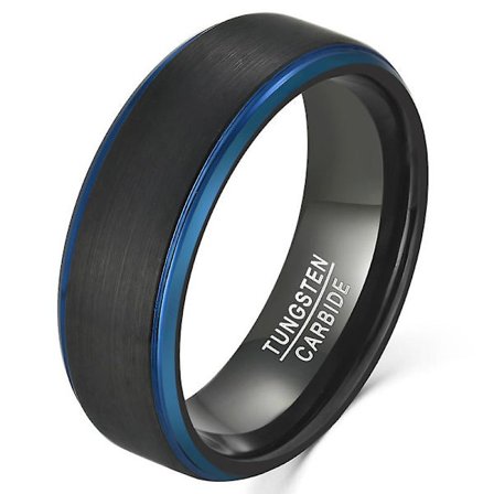 8mm svart borstad satinfinish Tungsten Carbide Flat Band Ring W/ Brilliant Royal Blue Steped Kanter och Comfort Fit Inner Band.
