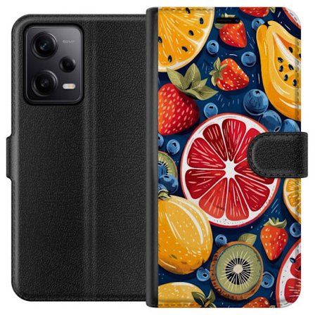 Yhteensopiva Lompakkokotelo Xiaomi Redmi Note 12 Pro Yksityiskohtainen hedelmäkuviointi sitrushedelmistä, kiivistä, mansikoista ja mustikoita tumma