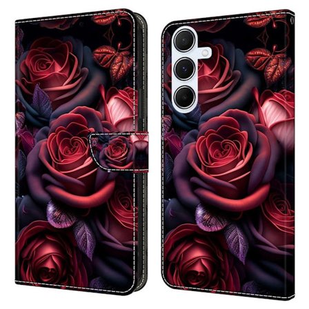 Samsung Galaxy S24 FE Etui med pung Mønster print Stand Leather Flip Phone Cover - Sort Rose