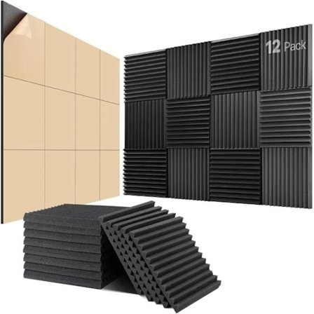 12-pak Akustikpanel – selvklæbende lydabsorberende skumplader, højdensitets vægpanel, 30x30x2,5 cm, sort_yux