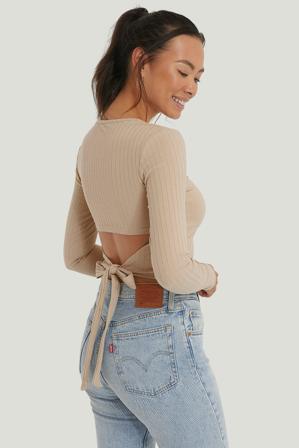NA-KD Haut Côtelé À Dos Ouvert - Tops manches longues - Beige - XX-Large