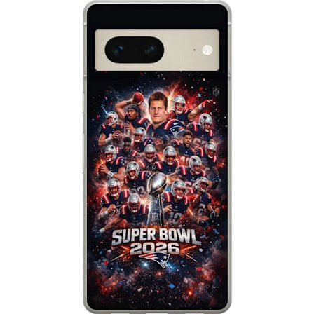 Yhteensopiva Puhelinkuori Google Pixel 7 Super Bowl 2026 juliste, jossa New England Patriots ja NFL-mestaruuspalkinto räjähtävän urheilullisessa suunn