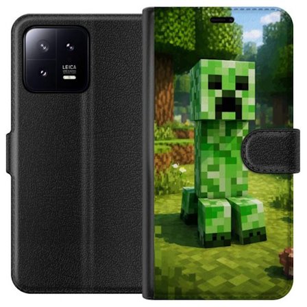 Kompatibelt Plånboksfodral till Xiaomi Xiaomi 13 Block-baserad Creeper-figur i en grön pixell värld, ikonisk spelillustration för barnrum, gamers