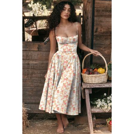 Ny fransk vintage lang kjole palads stil strop kjole pige rød blomst XL