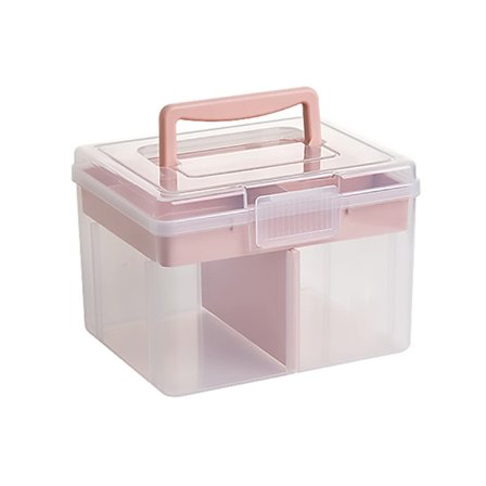 Multifunktionel opbevaringsboks, lille klar & pink plastikorganisator med håndtag, aftagelige rumdelere & bakke til skønhedstilbehør, syning