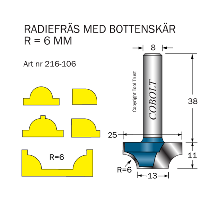 Cobolt 216-106 Radiusfres R=6 D=25/13 L=11, Maskintilbehør & forbruk