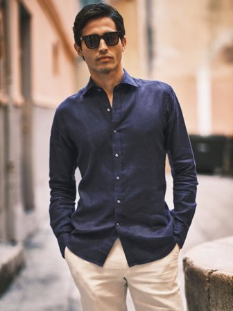John Henric Men's Navy Blue Solid Smart Slim Fit Linen Shirt Size 40