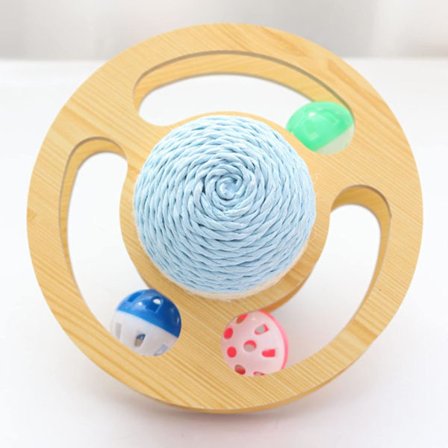 Interaktiv kattleksak med klösträ i sisal, träleksak med rörlig planet, kattleksak med boll och klocka (blå 7,48x7,48x5,90 tum)