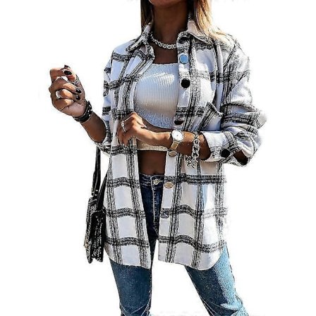 Dame Tøjternet Shacket Jakke Langærmet Knap Flannel Skjorter