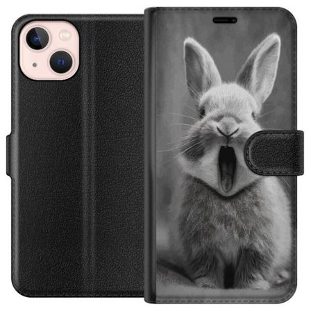 Yhteensopiva Lompakkokotelo Apple Apple iPhone 13 mini Ihastuttava mustavalkoinen kani istuu eteenpäin suunnattuna suu auki ikään kuin haukotellen,