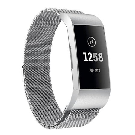 Fitbit Charge 3 lyxig milanesisk klockarmbandsersättning - Storlek: L / Silver