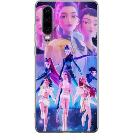 Yhteensopiva Puhelinkuori Huawei P30 K-pop-inspiroinut tulevaisuutta ennakoiva tyttöryhmä neonvaloissa ja kosmisessa sci-fi-esiintymislavalla