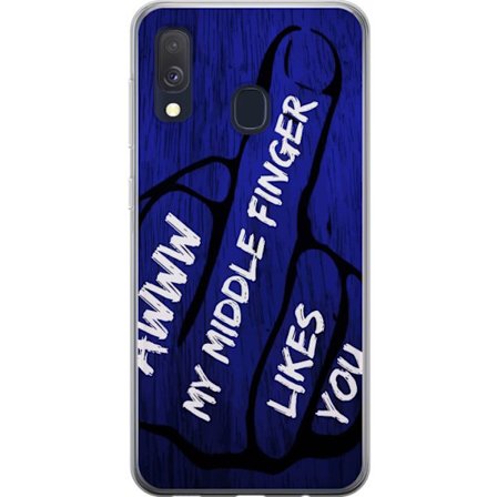 Kompatibelt Mobildeksel til Samsung Galaxy A40 Mørk typografisk illustrasjon med hjerteform og budskap om vennskap mot dyp blå tretekstur