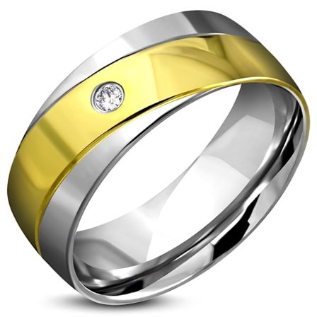 Ring i Kirurgiskt Stål 316L med Diagonalt Mönster i Guld & Silver färg med Vit CZ Kristall - Stl 18