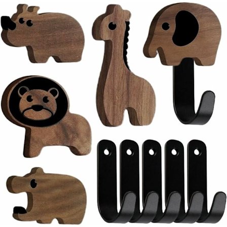 5 stk. dyreformet knager til vægmontering med skruer, brede knager i sort til soveværelse, badeværelse og garderobe