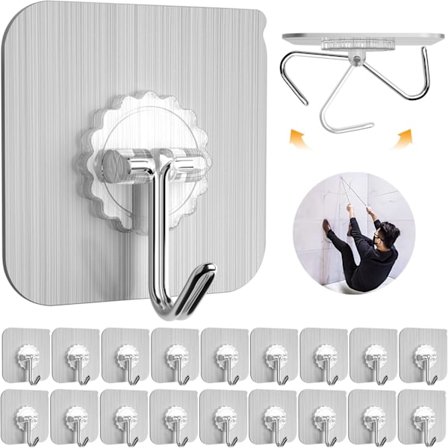 Gennemsigtige Vægkroge - Kraftige, Vandtætte & Olieresistente, Selvklæbende, Maks. 9 kg - Perfekt til Badeværelse & Køkken - 20-pak, Sølv