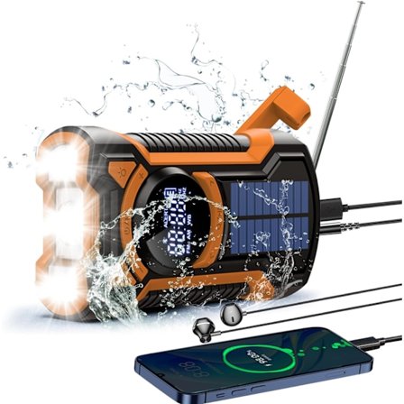 Nødvejrradio, Vandafvisende Bluetooth Bærbar AM/FM/NOAA Vejrradio, 5000mAh USB Håndsving Solradio, Telefonoplader, Lommelygte, SOS