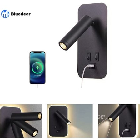 LED Vägglampa, sänglampa med strömbrytare, USB-laddningsport, stämningsbelysning för sovrum Justerbar spot (3W 3000K +