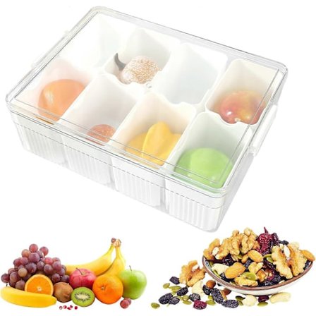 Delad Serveringsbricka med Lock, 8 Fack Snacks Serveringsbricka med Snäpp, Portabel Matförvaring