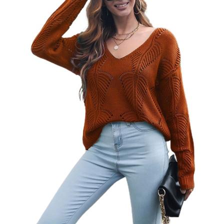 Enfärgad ihålig V-ringad långärmad stickad tröja kläder