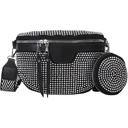 Skuldertaske Dame Bred Rem, Mavebælte Dame Læder Med Pung, Rhinestone Skinnende Taske Med Aftagelig Skulderrem, Diamant Mobiltelefon Taske