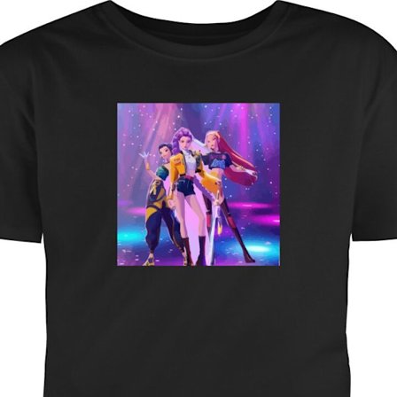 T-Shirt Värikäs K-pop-inspiroitu tyttöryhmä lavalla neonvalojen, disco-esteettien, vahvojen värien ja futuristisen popkulttuurin tunnelman kanssa