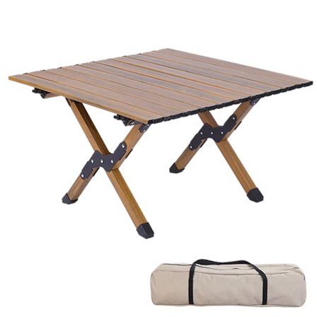 Campingbord i kolstål, träkorn för 4-6 personer, upprullat lätt picknickbord med stor bordsskiva och bärbar handväska (60 cm)