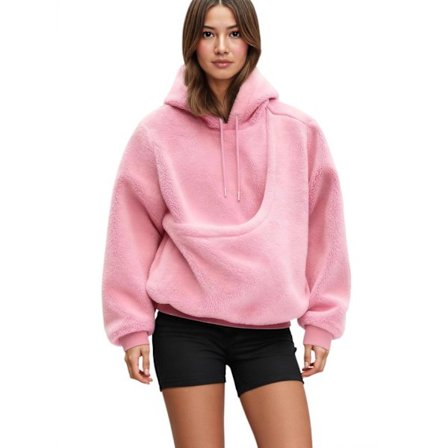 Fleecehættetrøje til kvinder med kæledyrslomme (kattelomme), langærmet sweatshirt med katte- og hundeprint, hvid XXL størrelse, pink.