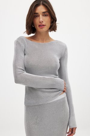 NA-KD Pull en maille effet métallisé à encolure bateau - Sets De Fête Pour Le Nouvel An - Gris,Argent - M (EU 38-40)