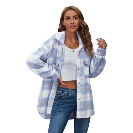 Kvinnors Långärmad Casual Rutig Shacket Jacka Skjortor Krage Tweed Pea Coat