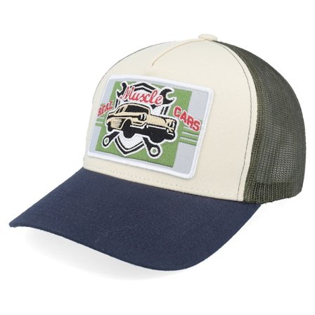 Iconic - Beige trucker Caps - Real Muscle Cars Stone/Olive/Navy A-frame Trucker @ Hatstore