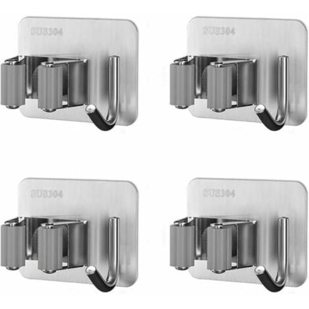 Veggmontert kosteskaft i rustfritt stål, selvklebende moppeholder med krok, kjøkkenhagebalkong grå, sett med 4