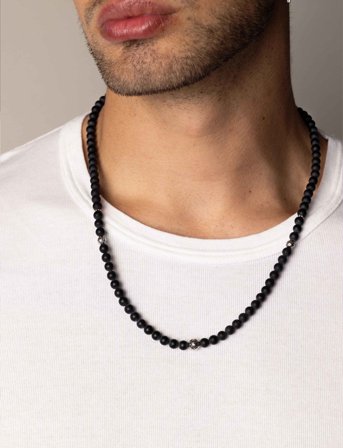 Nialaya Beaded Necklace With Matte Onyx And Silver - Black - ONE SIZE 61 cm