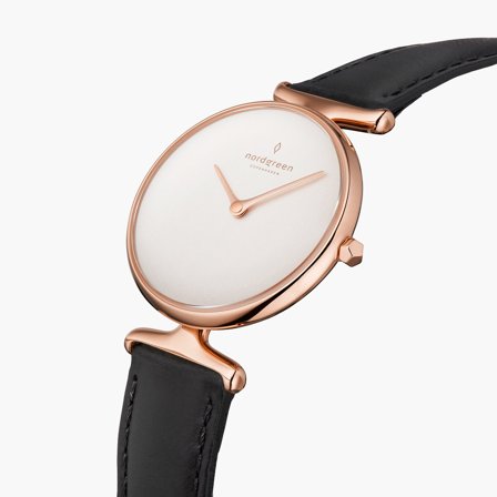 Nordgreen Women's Minimal Small Face Dress Watch - Rose Gold Case - White Dial - 28mm Black Leather Strap White Dial Unika