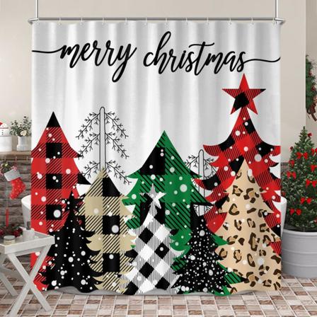 Juletrær Dusjforheng, Svart Rød Buffalo Sjekk Rutete Bondegård Jul Skog Stoff Dusjforheng Sett 72 X 72 Tommer Dekor