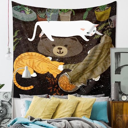 Vægtæppe Æstetisk Kunst Hjem Baggrund Stof Dekor Gave Sød Kat Girly Lille Frisk Tapet til Stue Soveværelse Dekor (29 x 38 Inc