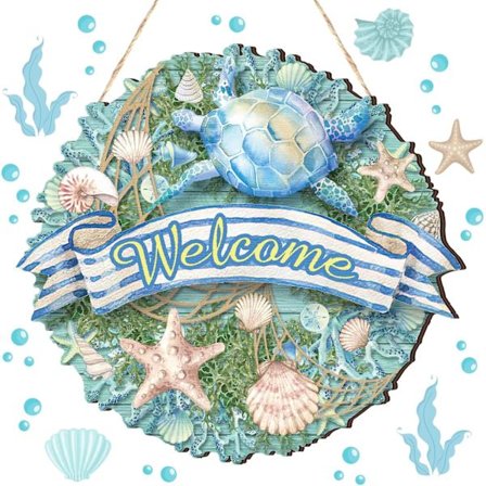 Træskilt med kysttema og velkomstbesked med søstjerner og muslingeskaller - Dørdekoration til dimissionsfester, velkomstplade med strandtema