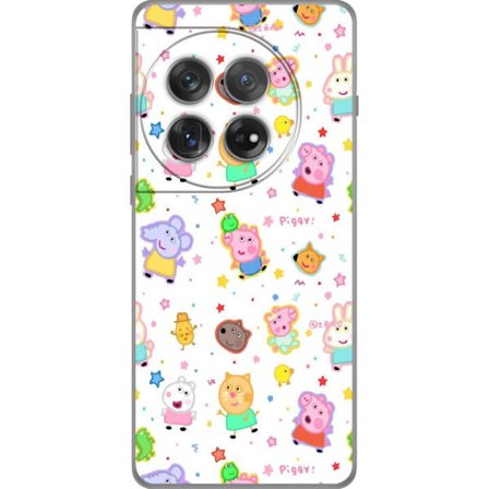 Kompatibel Mobilcover til OnePlus 12 Farverige tegneserie dyrekarakterer i en legende stil med stjerner og prikker på en lys baggrund