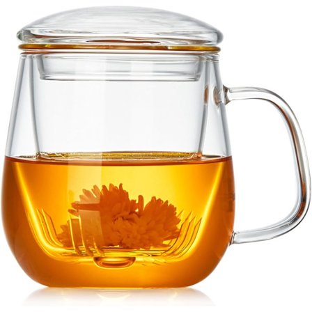 Tekop med låg og si, kop 500 ml, borosilikat syre glas til løs te, blomstrende te, tekop med si