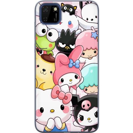 Kompatibelt Mobildeksel til Huawei Y5p Tett mønster av søte figurer med store øyne i ulike farger og uttrykk med LABUBU-tekst